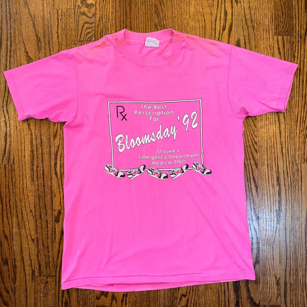 Vintage 92 Bloomsday St Lukes Med Staff Raceday Single Stitch T Sz L Pink‎ 90s